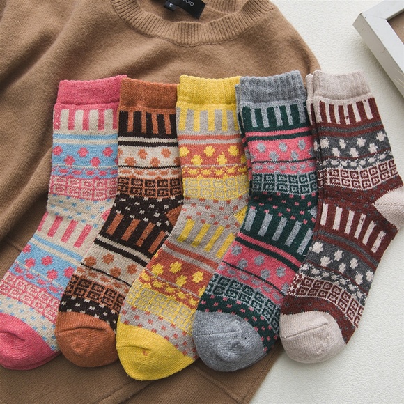 Womens 5 Pairs Vintage Style Thick Crew Socks - Picture 6 of 8